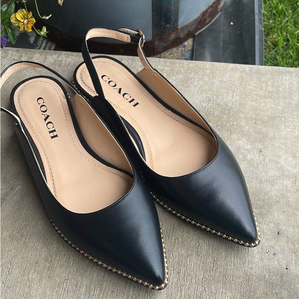 Coach Black Pointed Slingback Flats with Gold Bead Trim